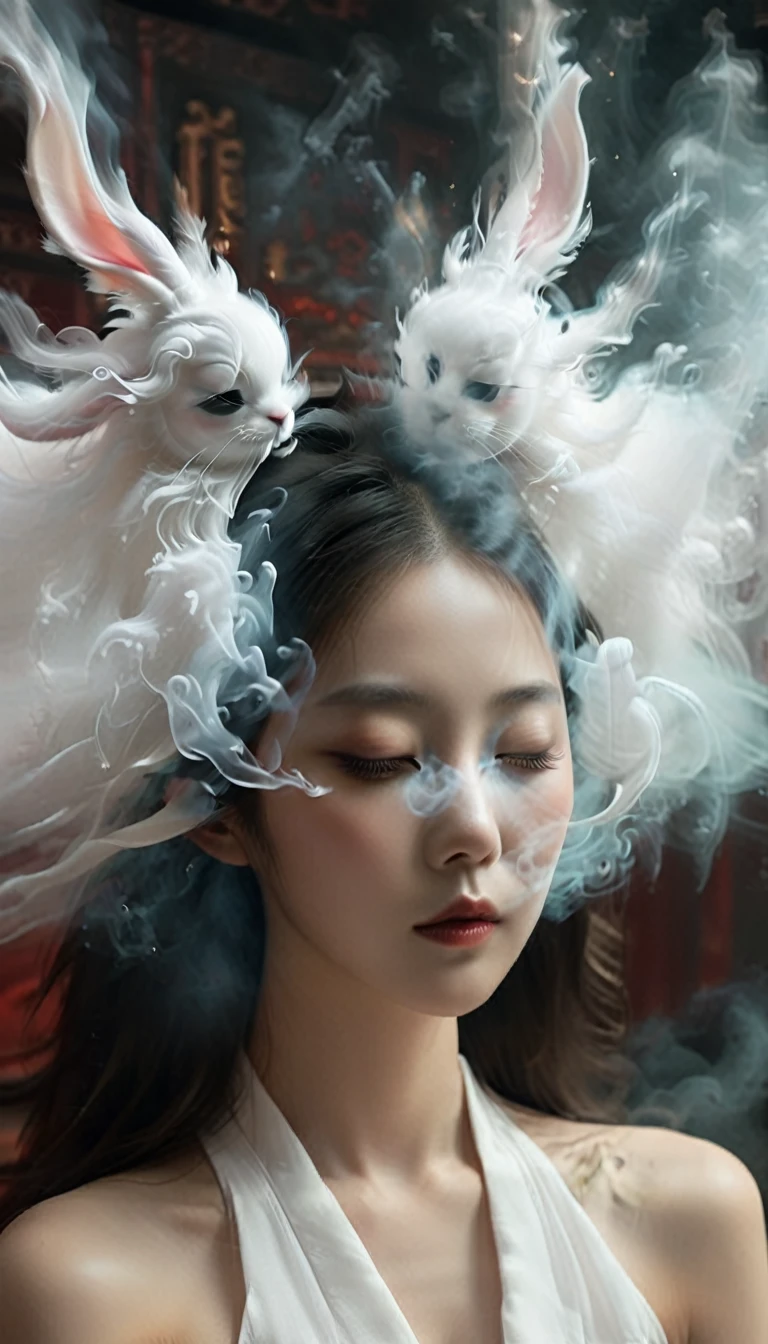 a side-view photograph. smoke resembling a rabbit's ears and face, covers the eye area like an eye mask on the face of a chinese female girl. White smoke in front of her forms a distinct rabbit mask, resembling a sleepily-eyed eye mask over her eyes. The smoke art has realistic textures, blending seamlessly with the rabbit’s sleepy face，bailing_darkness，xianxia