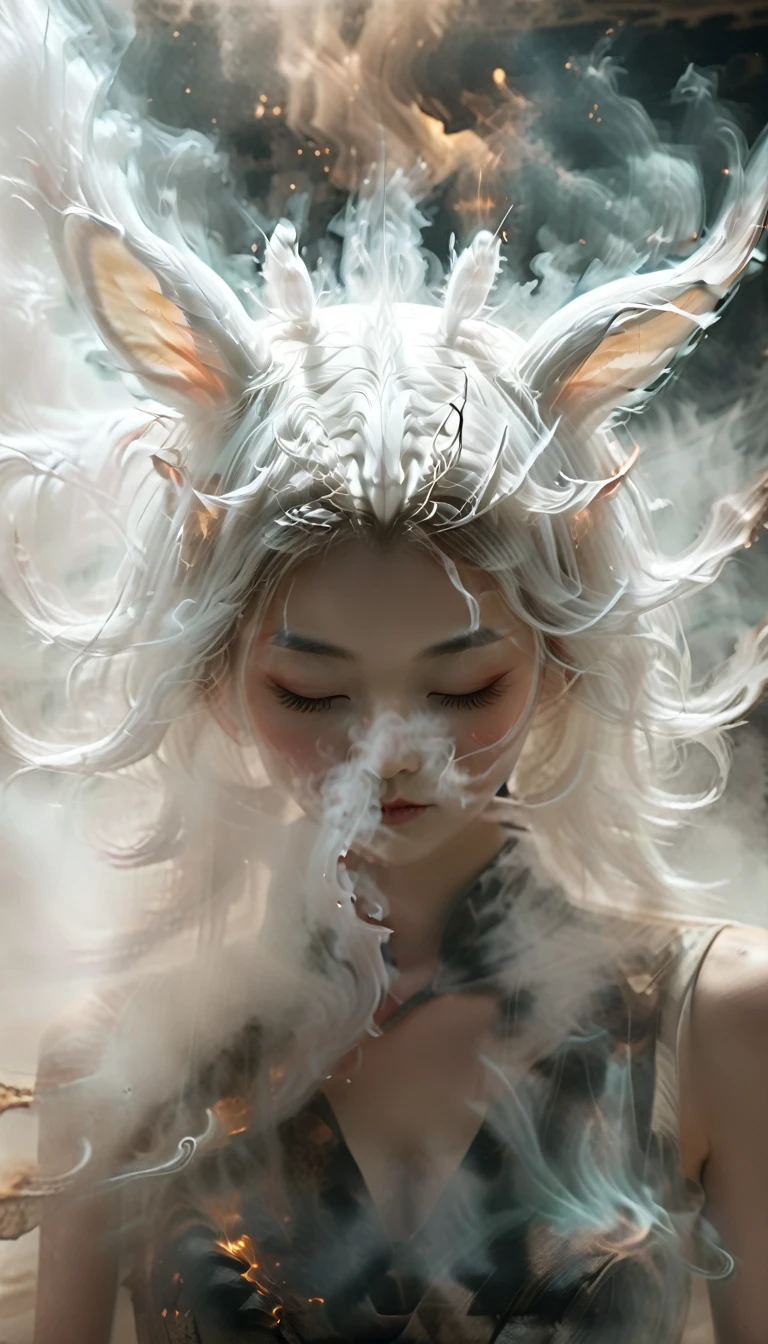 a side-view photograph. smoke resembling a rabbit's ears and face, covers the eye area like an eye mask on the face of a chinese female girl. White smoke in front of her forms a distinct rabbit mask, resembling a sleepily-eyed eye mask over her eyes. The smoke art has realistic textures, blending seamlessly with the rabbit’s sleepy face，bailing_darkness，xianxia