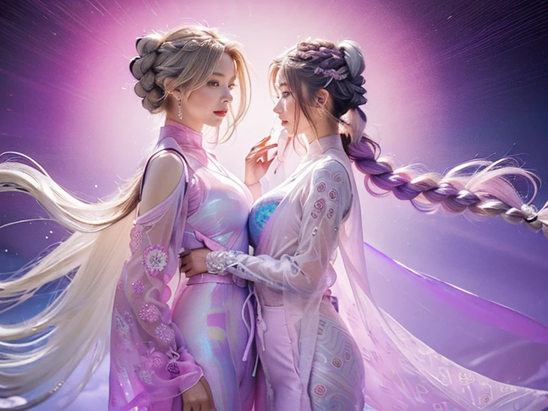 highest quality, Very detailed, masterpiece, Two women posing,(((Perfect female body))),Very beautiful face, Very beautiful body,Gentle expression, Very beautiful eyes,(Perfect Makeup:1.1),Fashion Model,Cyberpunk Fashion,Cinematic Light,Curly Hair,Shaggy Hair, (Drifting in the Wind,White purple gradient long braided chignon hair:1.5),very thin body,Smart Abs,(Monogram pattern:1.3), (((Various patterns,Pink and blue gradient,See-through Bolero,Colorful racing suits:1.3))),anklet,Tech High Top Sneakers,A kind smile,Full body portrait,(Night in Cyber City), (Shiny skin),(Earrings),Long scarf with elegant pattern,Neon long shawl,Digital Feather,LED Signs,