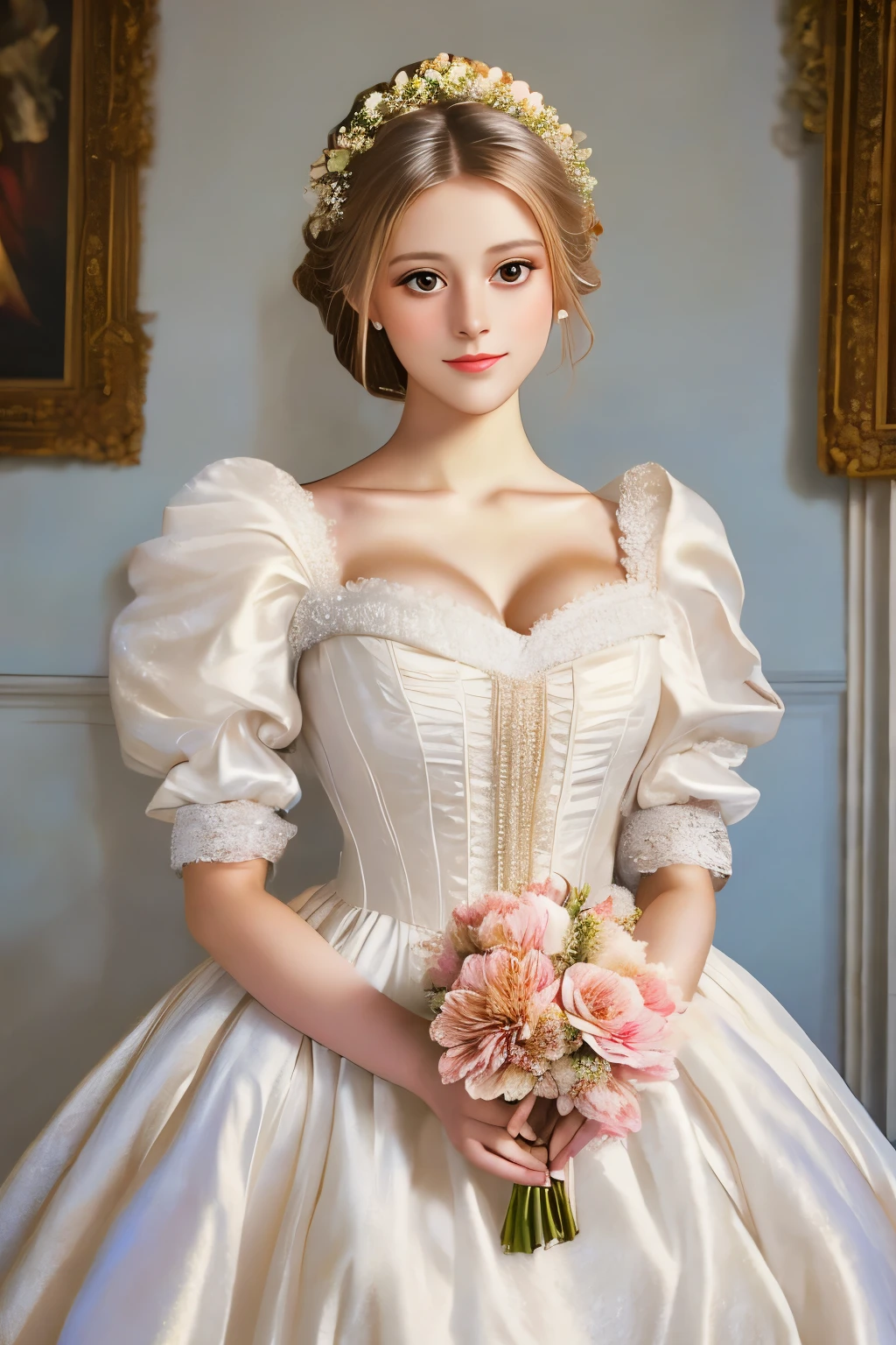 Braut in einem weißen Kleid mit einem Blumenstrauß in einem Zimmer, a photorealistic painting inspired by Franz Xaver Winterhalter, tumblr, Rokoko, Puffärmel, schön und elegant, schön detailliert elegant, romantisches Kleid, Bänder und Blumen, Exquisit und schön, schönes Kleid angezogen, very schön und elegant, voluminöse Ärmel, im romantischen Stil, mit Blumen