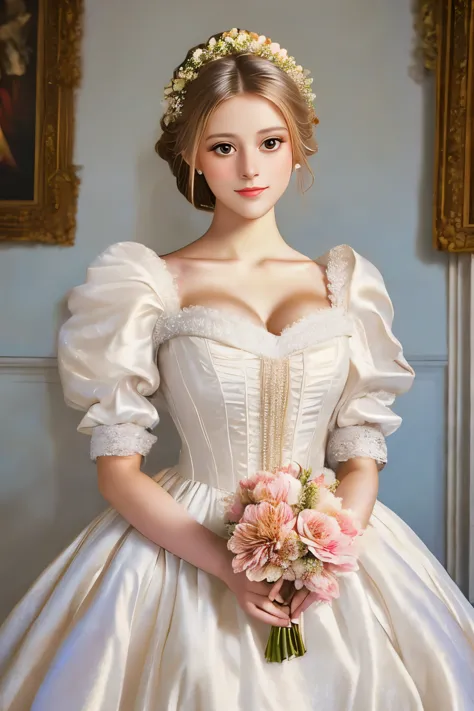 bride in a white dress holding a bouquet of flowers in a room, a photorealistic painting inspired by franz xaver winterhalter, t...