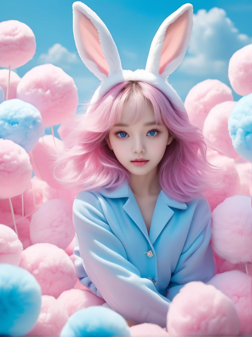 (Hyper-Reality:1.4)，(((Full body shot:1.5)))，original，emotion，dynamic，Distorted emotion effect，Energetic，Use unusual colors，Lovely photography，(Reality，Photo Realism:1.4)，Stylized image of a bunny made of pink and blue cotton candy，Fantastic，Delicate eyes，Delicate face，Delicate skin