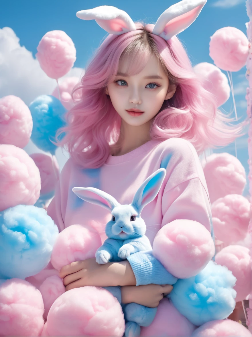 (超Reality:1.4)，(((Full body shot:1.5)))，original，emotion，dynamic，扭曲emotion效果，Energetic，Use unusual colors，Lovely photography，(Reality，Photo Realism:1.4)，Stylized image of a bunny made of pink and blue cotton candy，Fantastic，Delicate eyes，Delicate face，Delicate skin