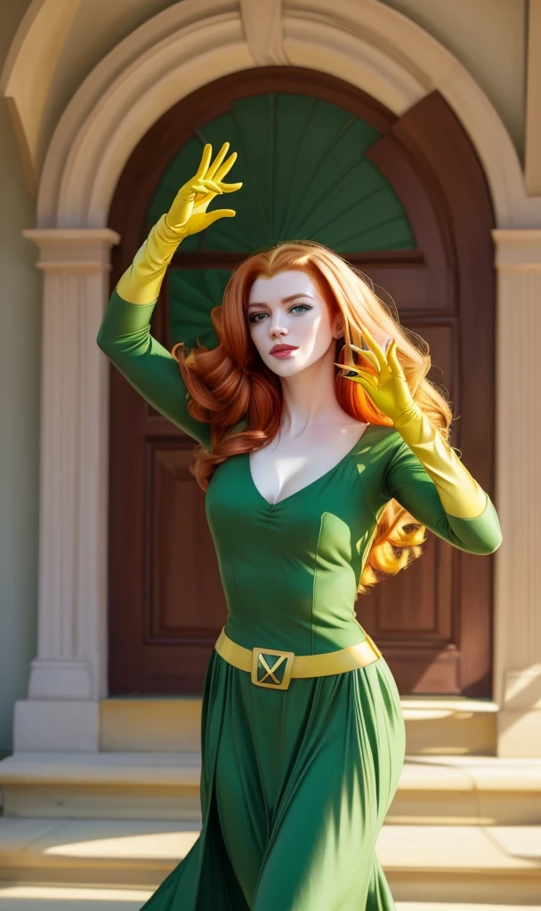 marvgirl2023, 1 girl, ginger hair, uhd, best quality, masterpiece,  5 fingers, closeup,full body, long hair,  yellow mask, green dress, green eyes, elegant mansion