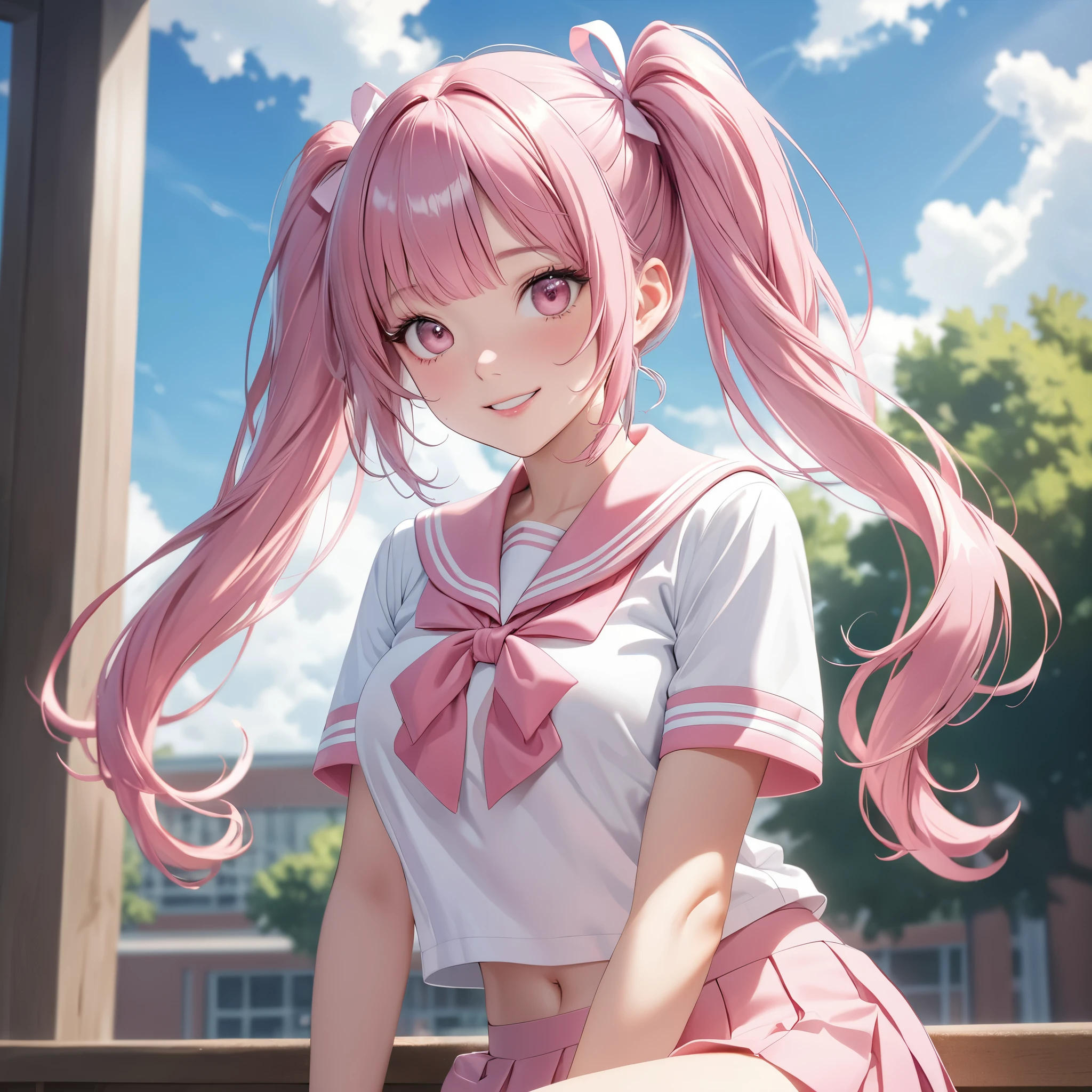 (8K, masutepiece, Best Quality, Official art, beautiful detailed, beautiful lighting, best masterpiece in history that exceeds limits), (1 Girl, Solo), (sixteen years old), (beautiful detailed face), (shiny white skin), (Beautiful big bust:1.3), (thighs, navel), (beautiful detailed pink twin tails hair, Bangs:1.3), (beautiful detailed drooping pink eyes:1.5), (high school uniform:1.3), (patsel pink sailor collar, white short sleeves short length outing shirt, pastel pink pleated skirt, patsel pink ribbon:1.3), (happy smile:1.2), (Attractive, Look at the camera, cute pose), breathtaking scenery, (ultra detailed realistic Beautiful high school, study, blue sky:1.2),