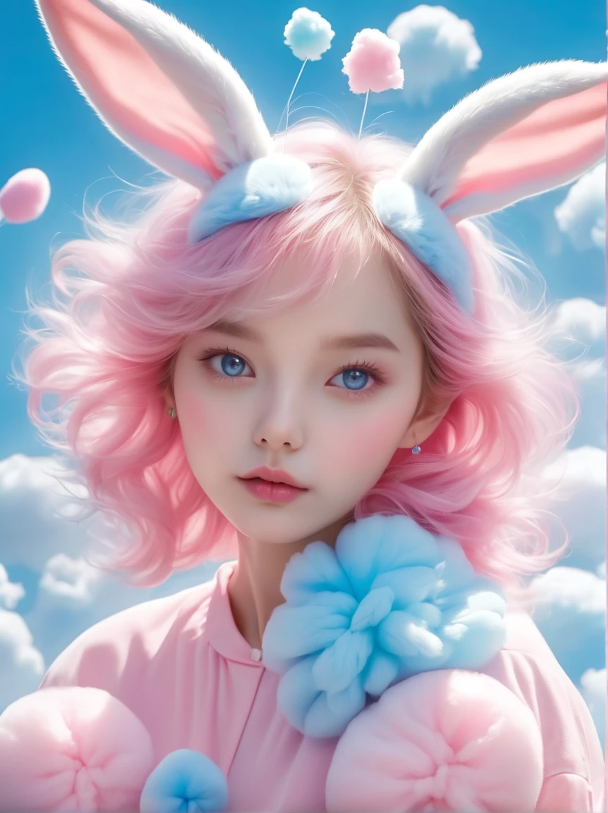 (超現實:1.4)，(((全身照:1.5)))，原來的，情緒，動態的，扭曲情緒效果，精力充沛，使用不寻常的颜色，可愛的攝影，(現實，照片寫實主義:1.4)，由粉紅色和藍色棉花糖製成的兔子的程式化圖像，極佳的，精緻的眼睛，精緻的臉，嬌嫩的皮膚