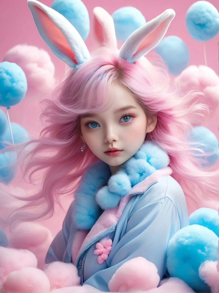 (Hyper-Reality:1.4)，(((Full body shot:1.5)))，original，emotion，dynamic，Distorted emotion effect，Energetic，Use unusual colors，Lovely photography，(Reality，Photo Realism:1.4)，Stylized image of a bunny made of pink and blue cotton candy，Fantastic，Delicate eyes，Delicate face，Delicate skin