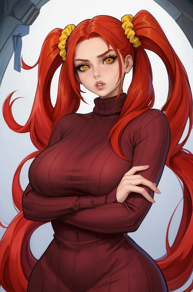 masterpiece, best quality, 1girl, solo, red hair, twintails, very long hair, yellow eyes, turtleneck, ribbed sweater, sweater dress, upper body, parted lips, lips, mature female, curvy, hair scrunchie, huge breasts, looking at viewer, crossed arms