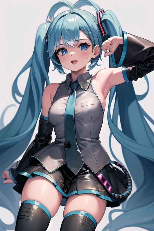 1girl, solo, KoboKanaeru, miku outfit, sleeveless shirt, grey shirt, detached sleeves, necktie, arm tattoo, skirt, thighhighs, thigh boots