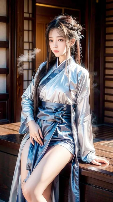 Long hair sexy girl，Wearing Hanfu，Gray eyeballs，Blushing cheeks，Very shy expression，Steam coming out of your head