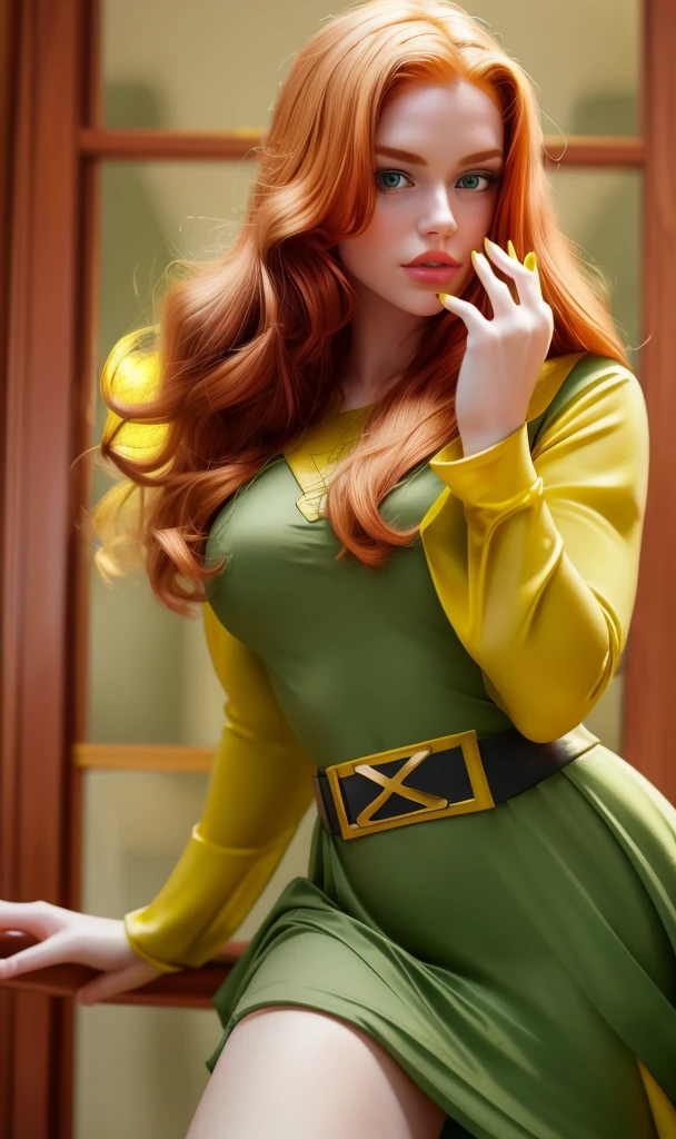 marvgirl2023, 1 girl, ginger hair, uhd, best quality, masterpiece,  5 fingers, closeup,full body, long hair,  yellow mask, green dress, green eyes, elegant mansion