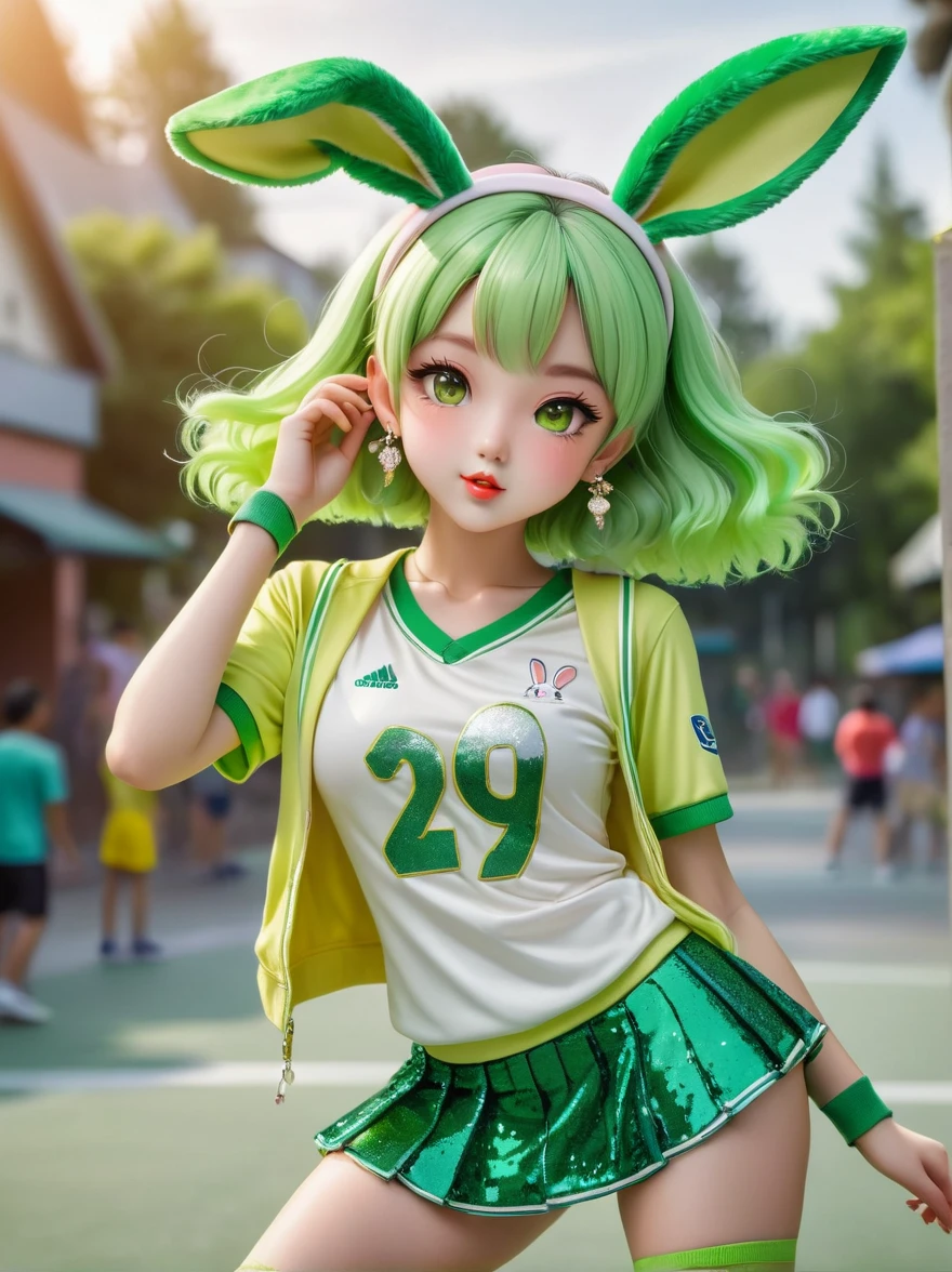 1girl，Wearing a bright yellow-green baseball uniform，Green Sequined Tulle Skirt，(rabbit ears, bunny hair ornament:1.5)，Green sneakers，strike a playful pose，Standing on a skateboard，(Close one eye:1.3)，Green eyes，Pout your cute little mouth，A faint blush，pride，Cartoon Style，full-body shot，Ballroom Background，Super Detail，Anatomically correct，masterpiece，accurate