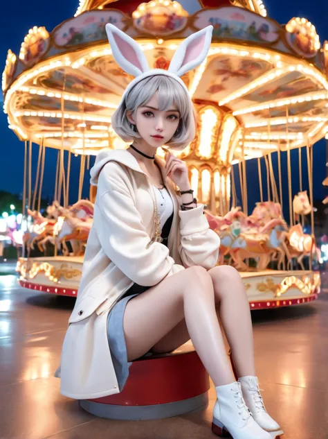  Wide-angle lens, Woman wearing fashionable spring clothes，Woman enjoying carousel at night，emaciated，Serious expression，short h...