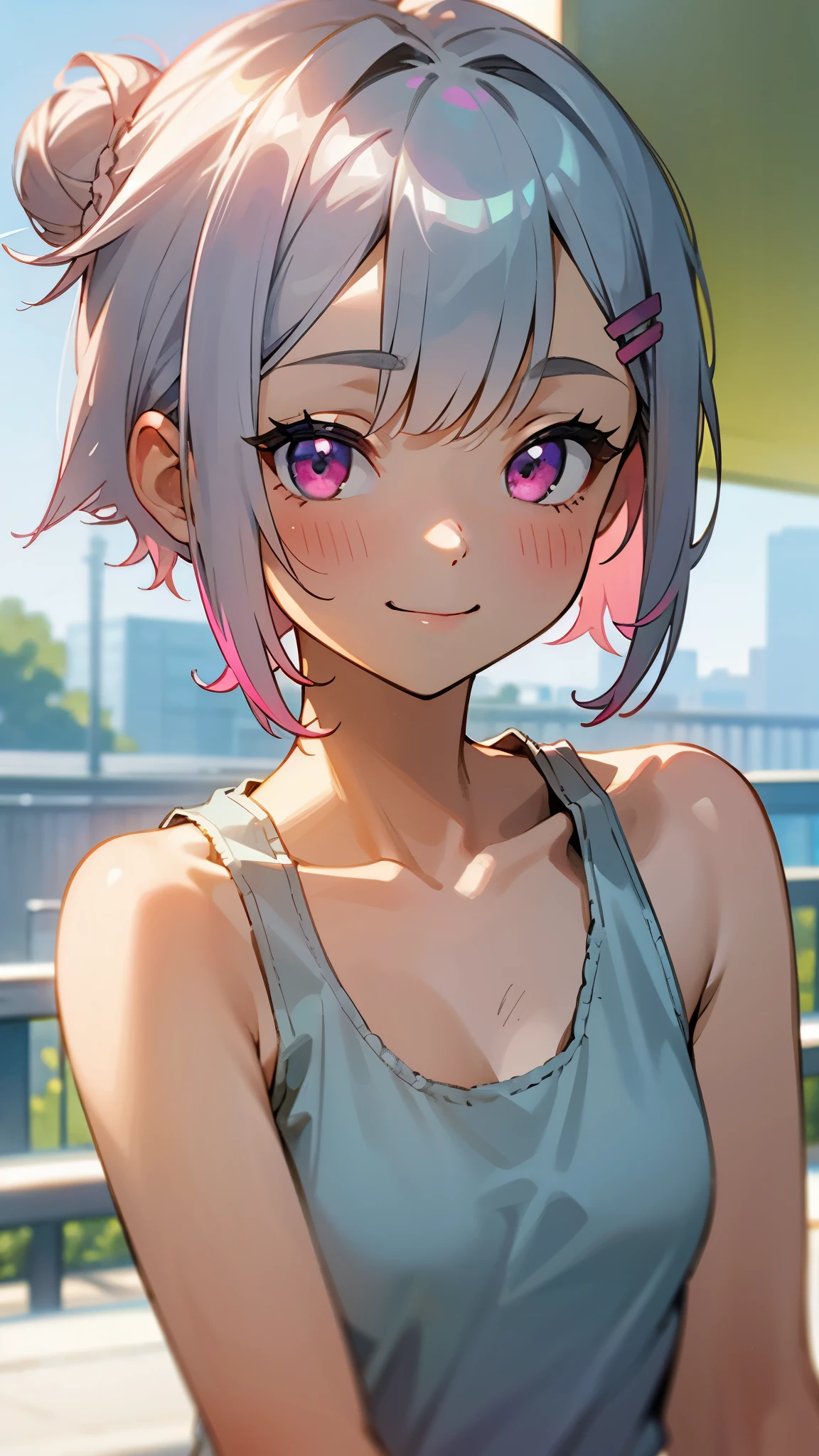 １girl、Short silver bob hair tied in a bun with a hair clip, Pink Eyes、smile、really like、Pink pile tank top、Upper body close-up、Morning Cafe Terrace、Background blur, Written boundary depth