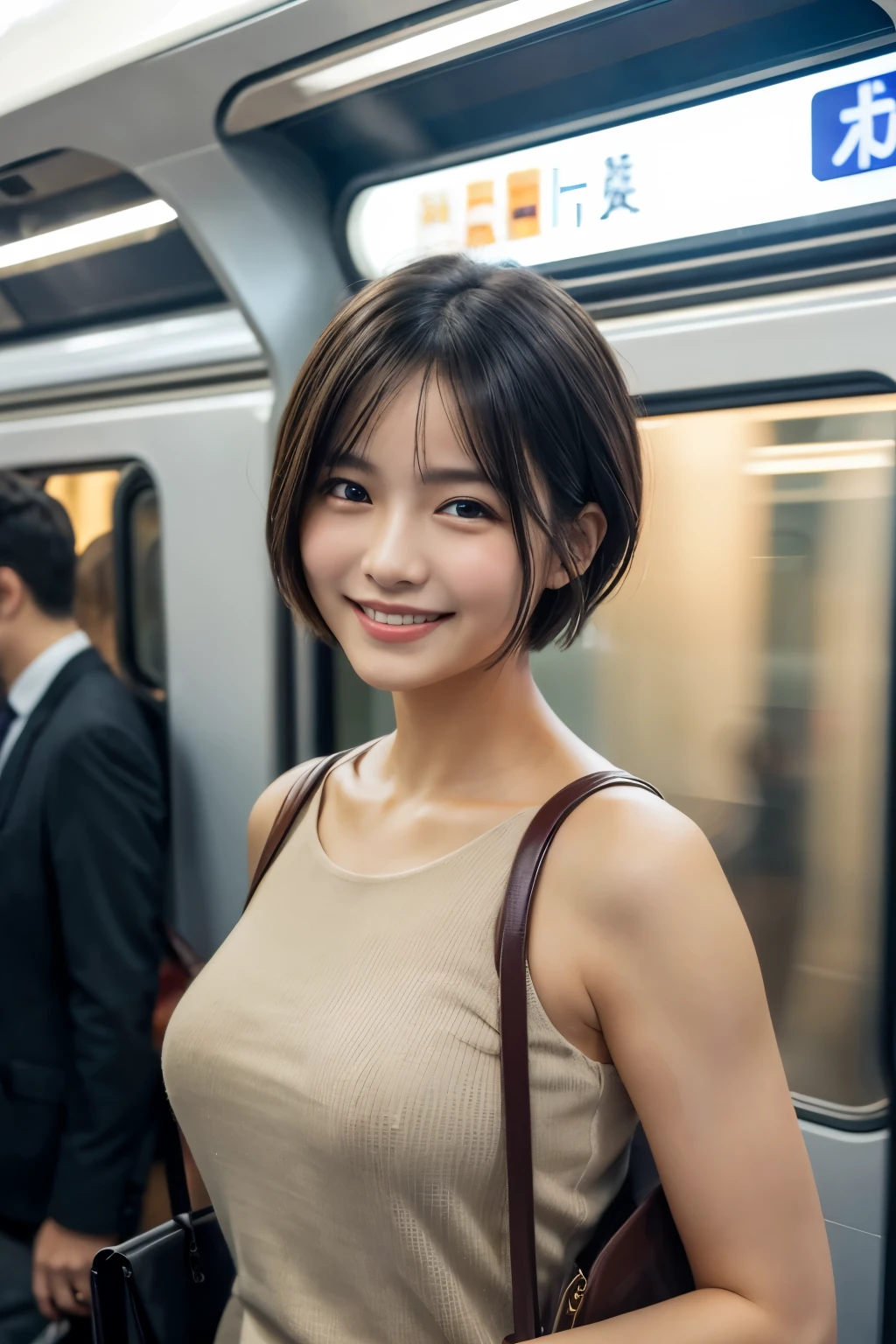 highest quality, masterpiece, Ultra-high resolution, (Reality: 1.4), Original photo, 1 woman, mature, happy smile, short hair, plump body, , Cinema Lighting,　high school girl、 Commuter train、crowded train、Packed