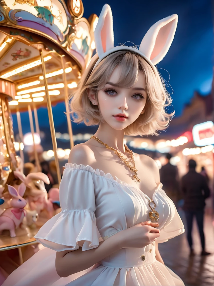  Wide-angle lens, Woman wearing fashionable spring clothes，Woman enjoying carousel at night，emaciated，Serious expression，short hair，Deadly pose，Gorgeous necklace, Light milky porcelain skin, smooth, Crystal clear skin, Enchanting anime girl, Beautiful and attractive anime woman, Super realistic sweet bunny ears girl, Light porcelain white skin, smooth, realistic and perfect figure, Anime Girl Cosplay, Perfect body with realistic shadows