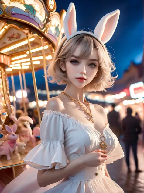  Wide-angle lens, Woman wearing fashionable spring clothes，Woman enjoying carousel at night，emaciated，Serious expression，short h...
