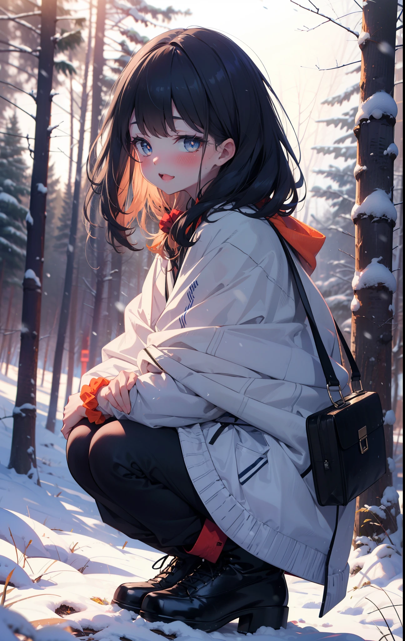 6 flowers, rikka takarada, Black Hair, blue eyes, Long Hair, orange Scrunchie, Scrunchie, wrist Scrunchie,smile,blush,White Breath,
Open your mouth,snow,Ground bonfire, Outdoor, boots, snowing, From the side, wood, suitcase, Cape, Blurred, Increase your meals, forest, White handbag, nature,  Squat, Mouth closed, フードed Cape, winter, Written boundary depth, Black shoes, red Cape break looking at viewer, Upper Body, whole body, break Outdoor, forest, nature, break (masterpiece:1.2), highest quality, High resolution, unity 8k wallpaper, (shape:0.8), (Beautiful and beautiful eyes:1.6), Highly detailed face, Perfect lighting, Highly detailed CG, (Perfect hands, Perfect Anatomy),