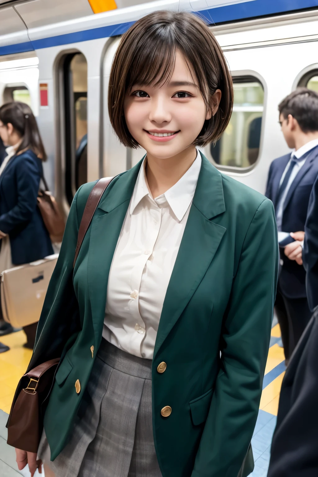 highest quality, masterpiece, Ultra-high resolution, (Reality: 1.4), Original photo, 1 woman, mature, happy smile, short hair, plump body, , Cinema Lighting,　high school girl、uniform、blazer、 Commuter train、crowded train、Packed