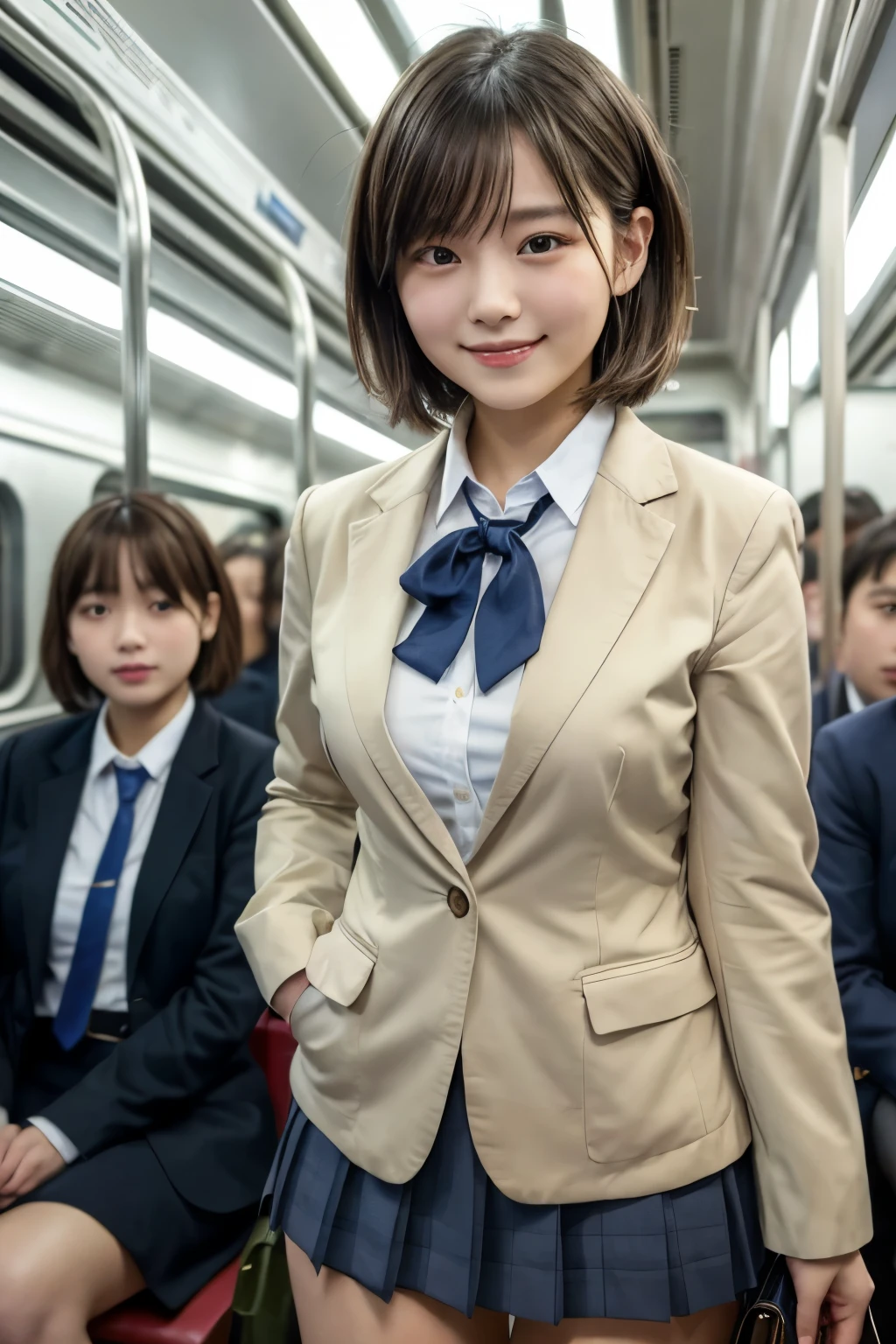 highest quality, masterpiece, Ultra-high resolution, (Reality: 1.4), Original photo, 1 woman, mature, happy smile, short hair, plump body, , Cinema Lighting,　high school girl、uniform、blazer、ribbon、 Commuter train、crowded train、Packed