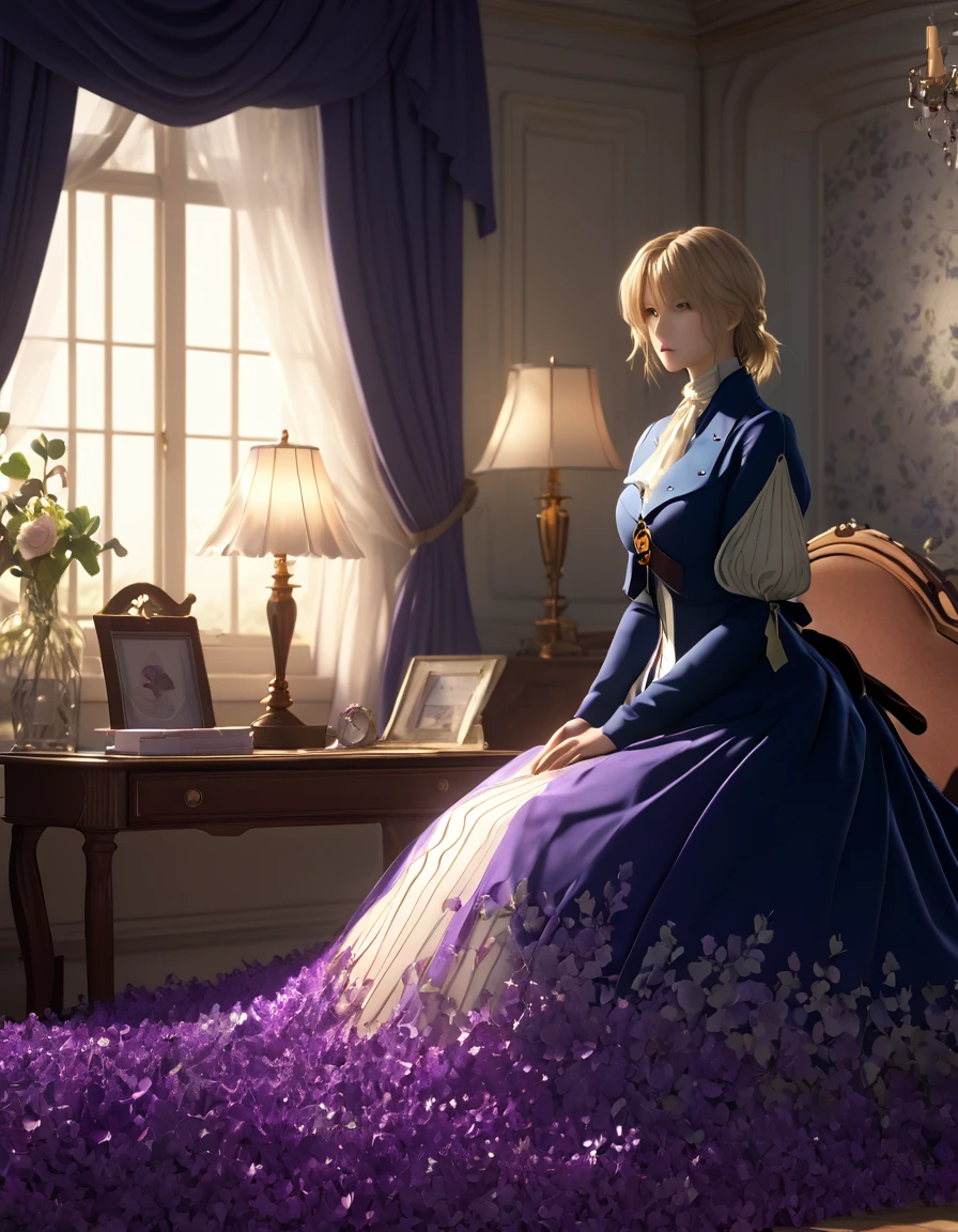 Meisterwerk, höchste Qualität, (Hochdetailliertes CG-Synthese-8k-Hintergrundbild), (höchste Qualität), (beste Illustrationen), (bester Schatten), (Stabiles Diffusionsmodell), Violet Evergarden, Funkelnd, Schön, Schlafzimmer im viktorianischen Stil, dynamische Beleuchtung, Tiefe der geschriebenen Grenze