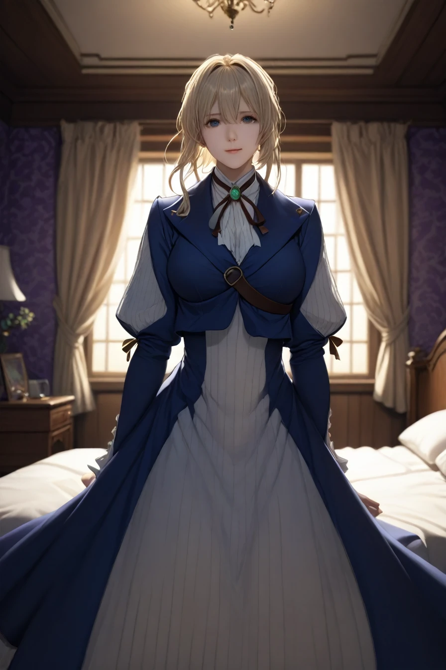 masterpiece, highest quality, (Highly detailed CG synthesis 8k wallpaper), (highest quality), (Best illustrations), (Best Shadow), (Stable Diffusion Model), Violet Evergarden, Sparkling, beautiful, smile, victorian style bedroom, Dynamic Lighting, Depth of written boundary