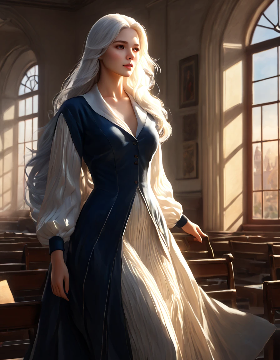 a beautiful tall white-haired woman in school, detailed face and eyes, elegant long hair, flowing dress, serene expression, sunlight streaming through windows, warm lighting, intricate architectural details, oil painting style, vibrant colors, photorealistic, cinematic composition, (best quality,4k,8k,highres,masterpiece:1.2),ultra-detailed,(realistic,photorealistic,photo-realistic:1.37)