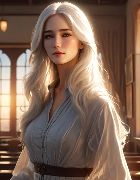 a beautiful tall white-haired woman in school, detailed face and eyes, elegant long hair, flowing dress, serene expression, sunl...