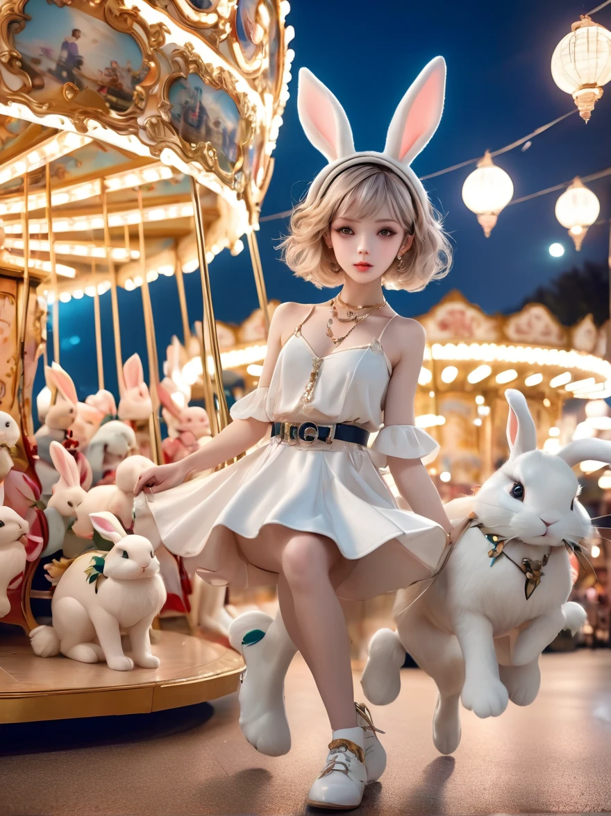  Wide-angle lens, Woman wearing fashionable spring clothes，Woman enjoying carousel at night，emaciated，Serious expression，short hair，Deadly pose，Gorgeous necklace, Light milky porcelain skin, smooth, Crystal clear skin, Enchanting anime girl, Beautiful and attractive anime woman, Super realistic sweet bunny ears girl, Light porcelain white skin, smooth, realistic and perfect figure, Anime Girl Cosplay, Perfect body with realistic shadows