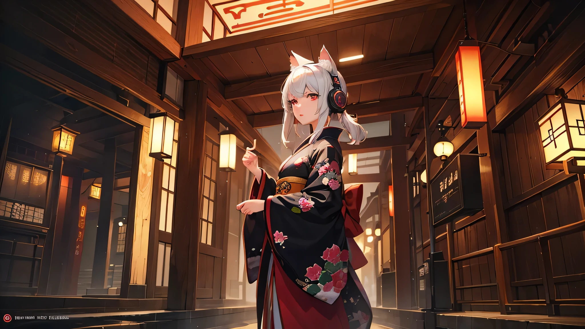 High resolution, high quality, masterpiece.An anthropomorphic cat wearing headphones and wearing traditional Japanese clothing, spring, Japanese Landscape, Temple, cinematic light, Lots of details, Realistic, 4K, cinema, amazing, rain, Neon atmosphere, gear mecha, Detailed Acrylic, Grunge, intricate complexity, Rendered in Unreal Engine, photoRealistic Hyperdetalization. Hyperrealism. Dramatic Light.japanese hip-hop