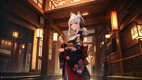 high resolution, high quality, masterpiece.an anthropomorphic cat wearing headphones and wearing traditional japanese clothing, ...