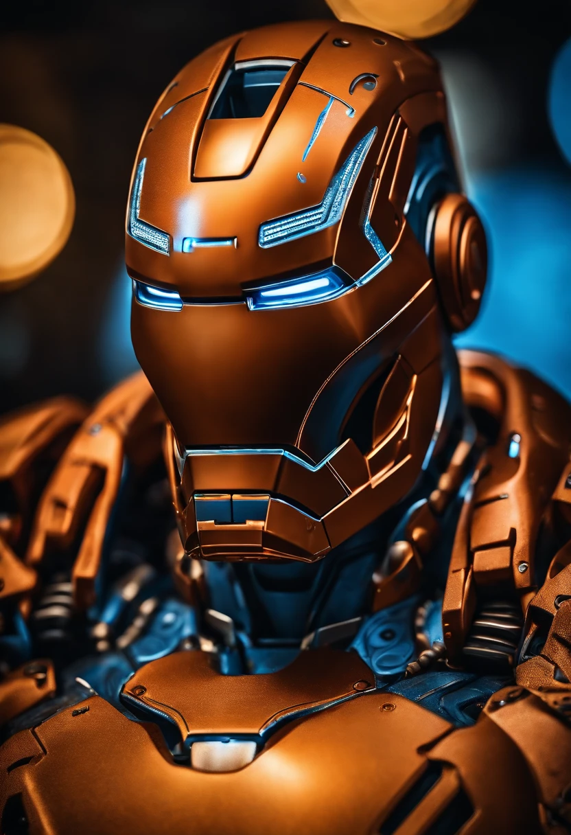 Detailed Black Iron Man, Beautiful and delicate eyes sparkle bright blue, Complex metal casing，With intricate textures and decorations, Dramatic Lighting, Surrealism