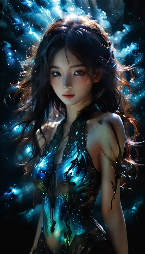 a girl silhouette, body made of galaxy, bioluminescent, (ashley wood style:1.2),(nick vis style:0.3), detailed face, detailed ey...
