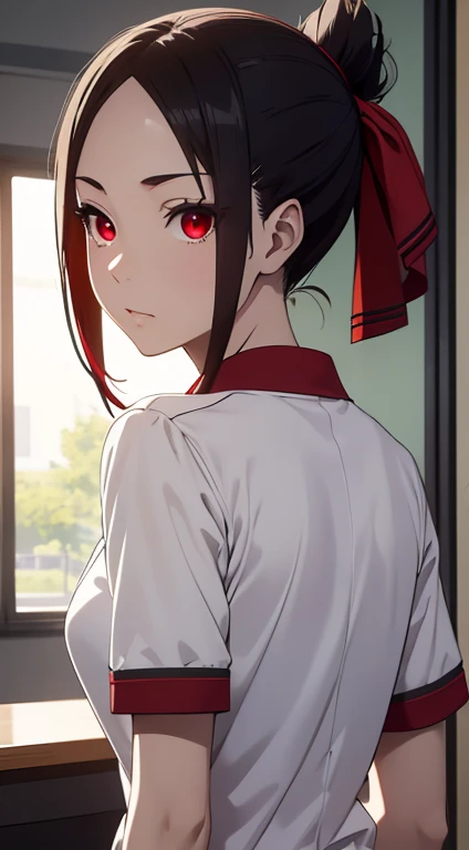 Kaguyasinomiya, Kaguya Shinomiya, folded ponytail, forehead, hair ribbon, (red eyes:1.5), red ribbon, band, Short hair, side locks, (little chest:1.2), gym uniform, Short top, legging, BREAK looks at the viewer, stands with your back to the viewer, seen from behind, ass, big ass, shows the, BREAKTHROUGH in the room, Classroom, BREAK (Masterpiece:1.2), Best Quality, High Resolution, Unity 8k Wallpaper, (illustartion:0.8), (beautiful detail eyes:1.6), extremely detailed face, perfect lighting, extremely detailed CGI, (perfect arms, perfect anatomy),
