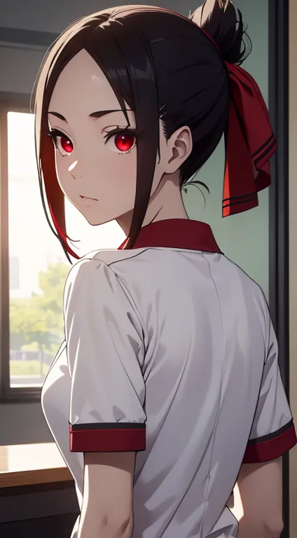 Kaguyasinomiya, Kaguya Shinomiya, folded ponytail, forehead, hair ribbon, (red eyes:1.5), red ribbon, band, Short hair, side loc...