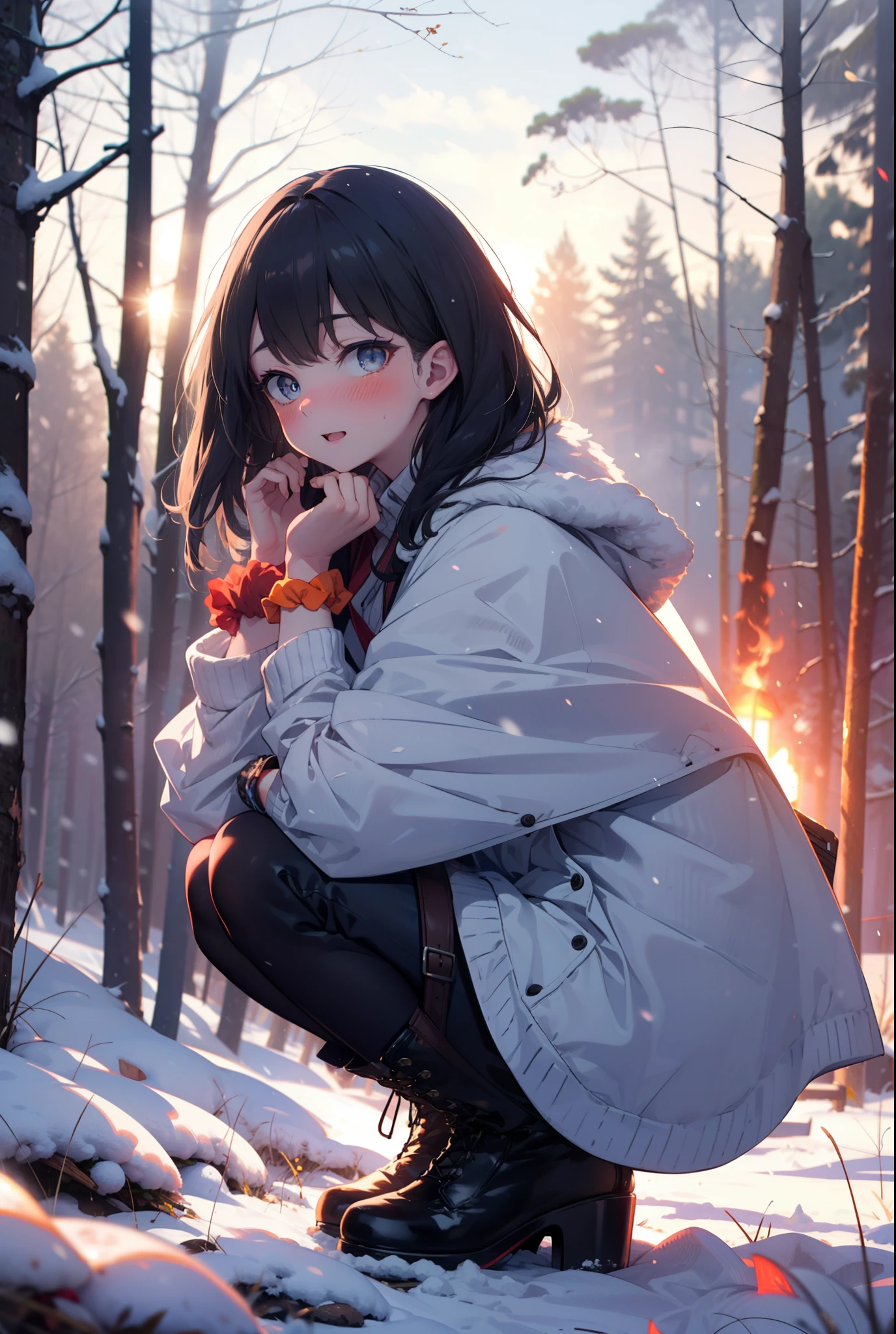 6 flowers, rikka takarada, Black Hair, blue eyes, Long Hair, orange Scrunchie, Scrunchie, wrist Scrunchie,smile,blush,White Breath,
Open your mouth,snow,Ground bonfire, Outdoor, boots, snowing, From the side, wood, suitcase, Cape, Blurred, Increase your meals, forest, White handbag, nature,  Squat, Mouth closed, フードed Cape, winter, Written boundary depth, Black shoes, red Cape break looking at viewer, Upper Body, whole body, break Outdoor, forest, nature, break (masterpiece:1.2), highest quality, High resolution, unity 8k wallpaper, (shape:0.8), (Beautiful and beautiful eyes:1.6), Highly detailed face, Perfect lighting, Highly detailed CG, (Perfect hands, Perfect Anatomy),