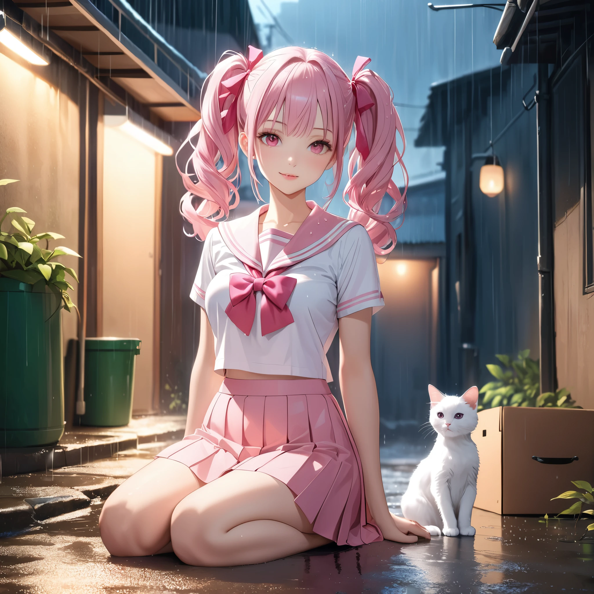 (8K, masutepiece, Best Quality, Official art, beautiful lighting, The best masterpiece in history that exceeds limits, beautiful detailed), (1 Girl and 1 cat, Solo), (sixteen years old), (beautiful detailed face), (shiny white skin), (Beautiful big bust:1.3), (thighs), (beautiful detailed pink twin tails hair, Bangs:1.3), (beautiful detailed drooping pink eyes:1.5), (high school uniform:1.3), (patsel pink sailor collar, white short sleeves short length outing shirt, pastel pink pleated skirt, patsel pink ribbon:1.3), (happy smile:1.2), (Attractive), breathtaking scenery, (ultra detailed realistic Beautiful rainy season, rain, umbrella, Alley:1.5), (a small cute white kitten, cardboard box:1.5),