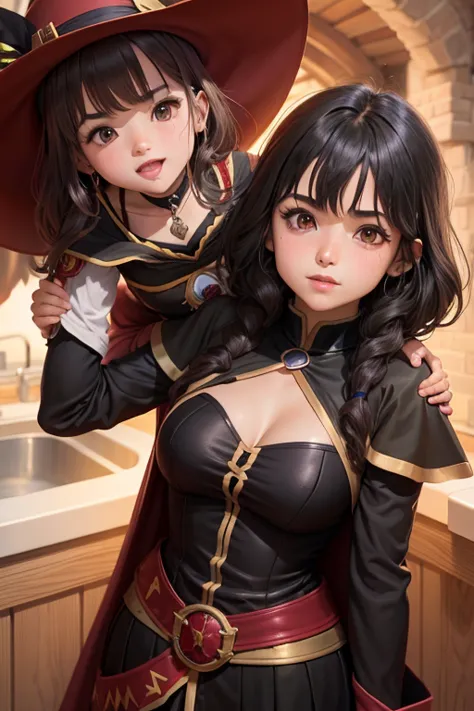 Megumin the Mage and her daughter, 13 years old, Esmeralda the Mage&#39;s apprentice (She has brunette hair and dark green eyes....