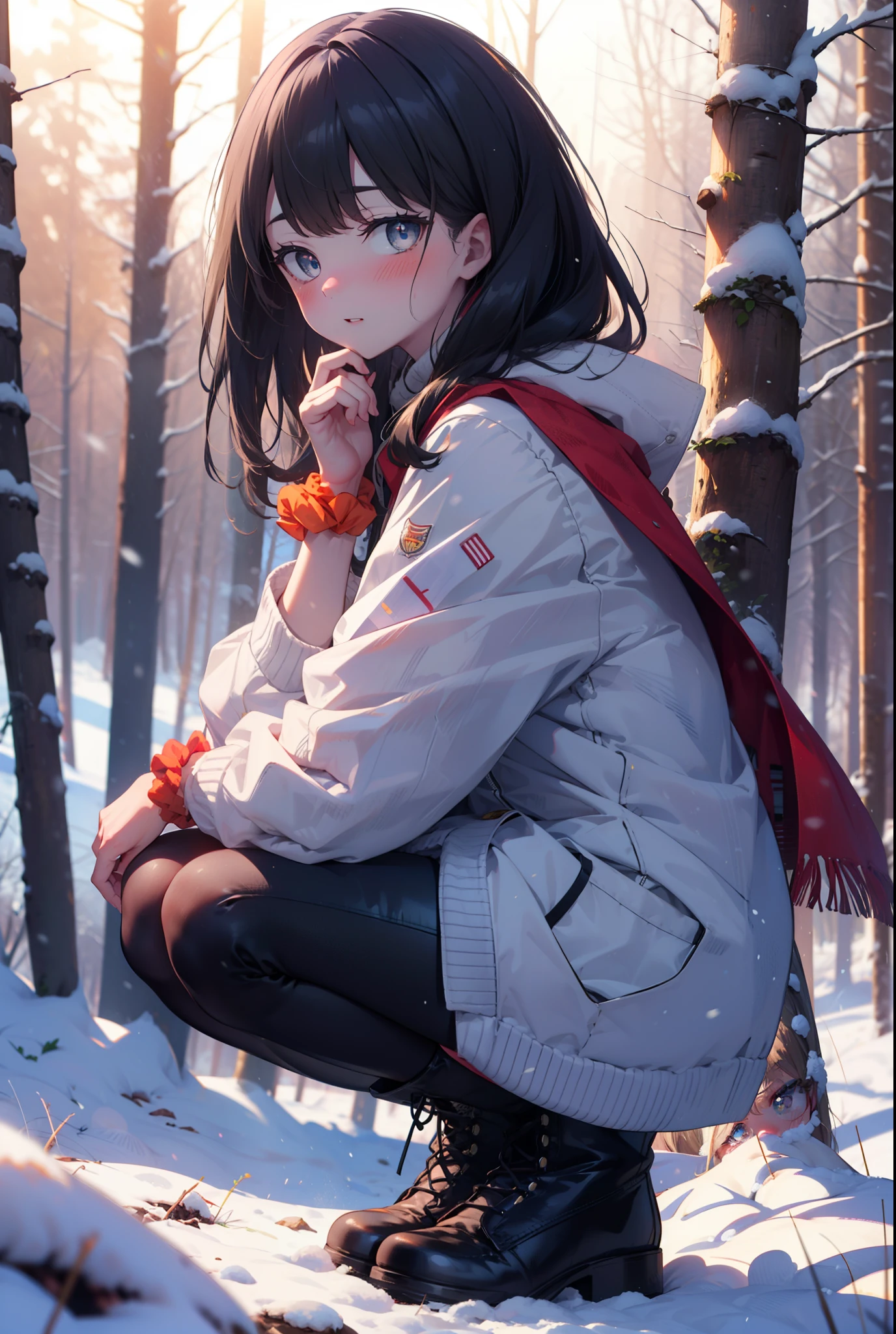 6 flowers, rikka takarada, Black Hair, blue eyes, Long Hair, orange Scrunchie, Scrunchie, wrist Scrunchie,smile,blush,White Breath,
Open your mouth,snow,Ground bonfire, Outdoor, boots, snowing, From the side, wood, suitcase, Cape, Blurred, Increase your meals, forest, White handbag, nature,  Squat, Mouth closed, フードed Cape, winter, Written boundary depth, Black shoes, red Cape break looking at viewer, Upper Body, whole body, break Outdoor, forest, nature, break (masterpiece:1.2), highest quality, High resolution, unity 8k wallpaper, (shape:0.8), (Beautiful and beautiful eyes:1.6), Highly detailed face, Perfect lighting, Highly detailed CG, (Perfect hands, Perfect Anatomy),