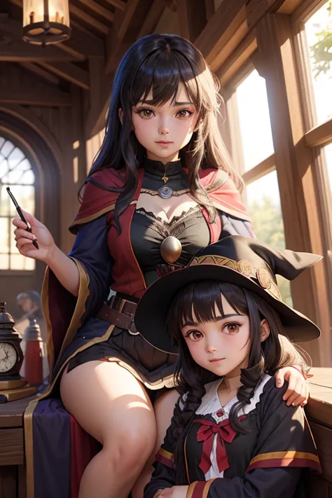 Megumin the Mage and her daughter, 13 years old, Esmeralda the Mage&#39;s apprentice (She has brunette hair and dark green eyes....