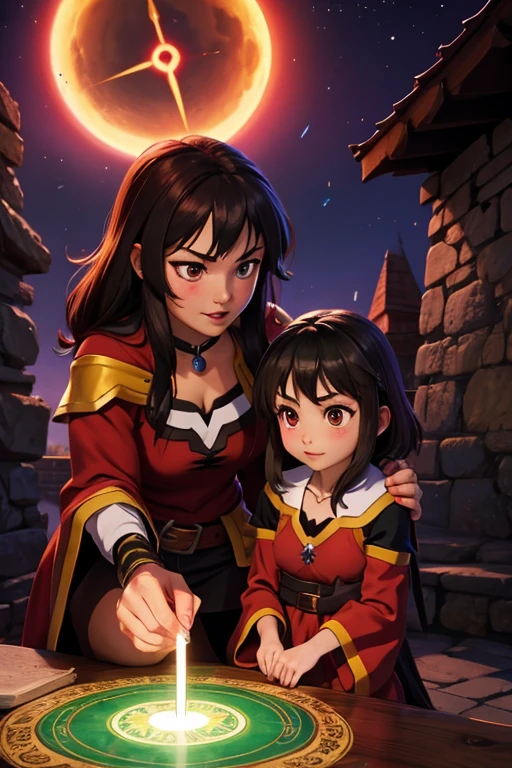 Megumin the Mage and her daughter, 13 years old, Esmeralda the Mage&#39;s apprentice (She has brunette hair and dark green eyes.，low length，Wearing a wizard&#39;s hat，Medieval city，Fight the enemy，