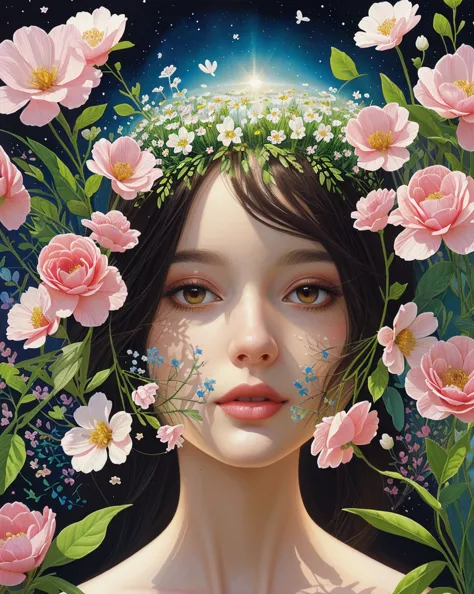 (Illustration:1.3) beautiful planet earth with flowers and plants sprouting spring day (by Artist Anna Dittman:1), (((masterpiec...