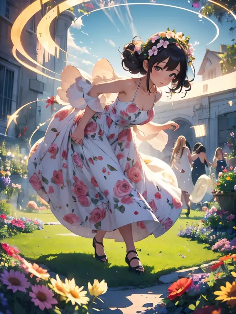 in a garden full of flowers, in sunlight,  a person in a floral dress is dancing, (((circular hair movement, dressing up in a ci...