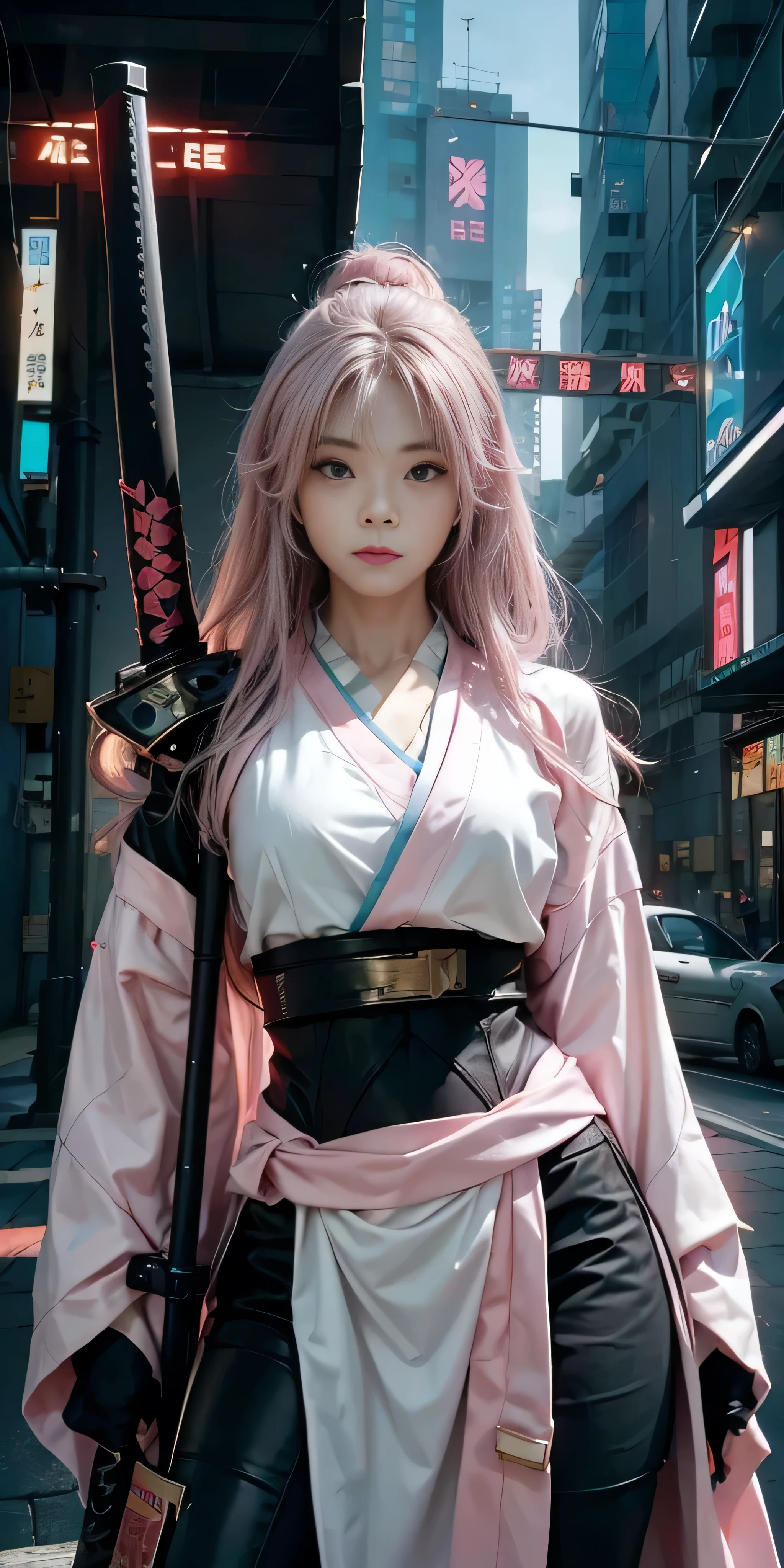 arafed woman in a pink kimono with a sword in a city, very beautiful cyberpunk samurai, anime girl cosplay, anime cosplay, anime style mixed with fujifilm, haruno sakura, anime inspired, anime girl in real life, anime style. 8k, cosplay, anime style 4 k, female cyberpunk anime girl, cyberpunk anime girl, wearing japanese techwear