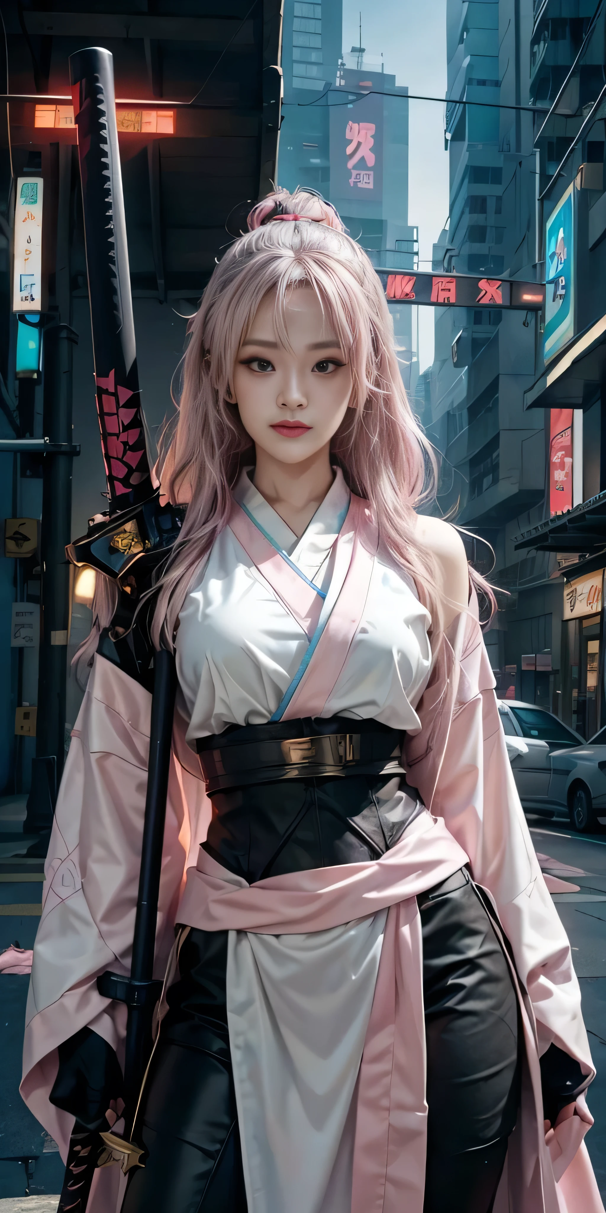 una mujer vestida con un kimono rosa que lleva una espada en una ciudad, very beautiful cyberpunk samurai, cosplay chica anime, cosplay anime, estilo animado mixed with fujifilm, sakura haruno, inspirado en anime, chica anime en la vida real, estilo animado. 8K, cosplay, estilo animado 4 k, female chica anime ciberpunk, chica anime ciberpunk, vistiendo ropa técnica japonesa