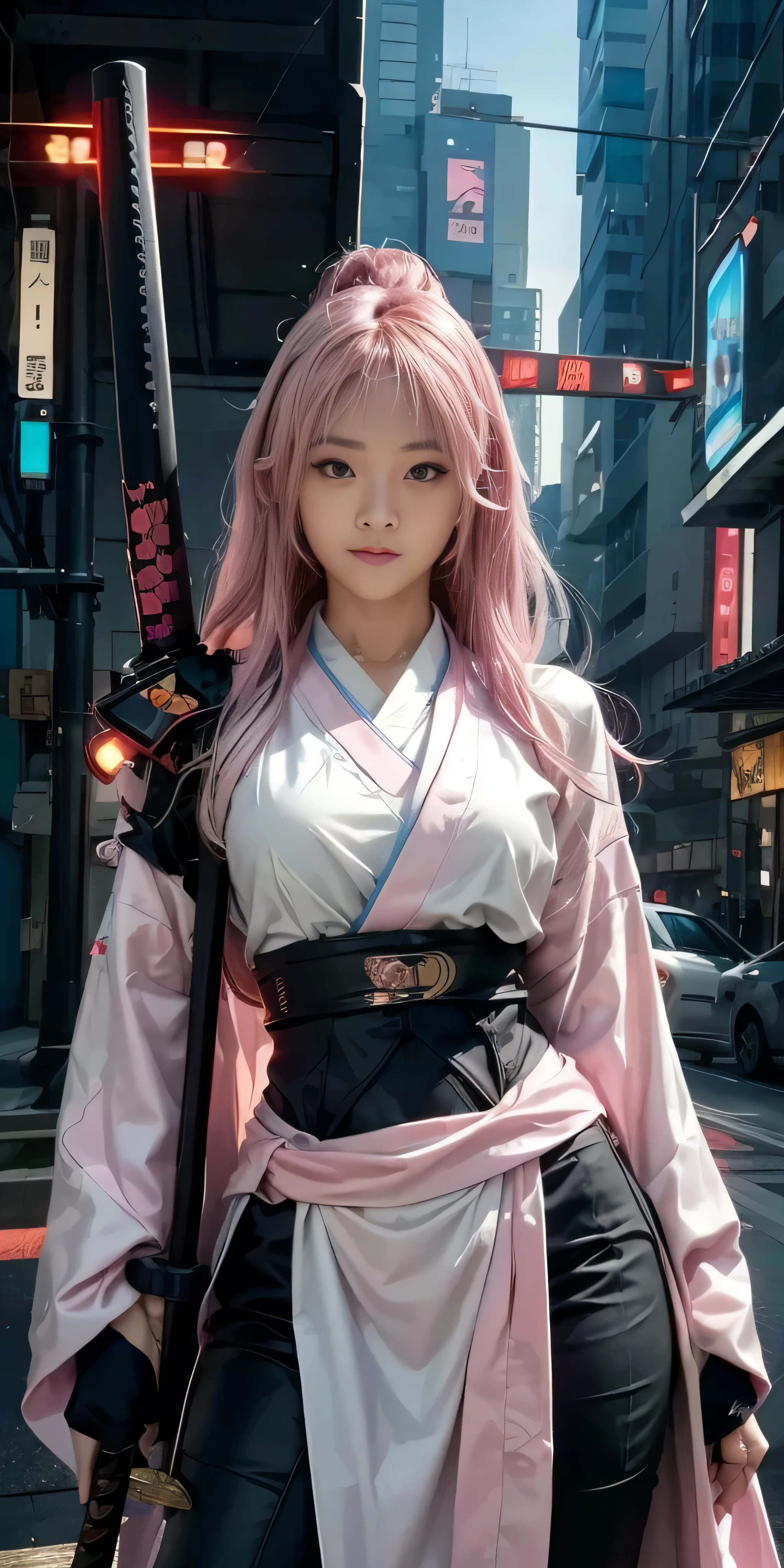 uma mulher vestida de quimono rosa com uma espada numa cidade, muito lindo samurai cyberpunk, Cosplay de garota de anime, cosplay de anime, estilo anime mixed with fujifilm, Haruno Sakura, inspirado em anime, garota de anime na vida real, estilo anime. 8K, cosplay, estilo anime 4 k, female garota de anime cyberpunk, garota de anime cyberpunk, vestindo techwear japonês