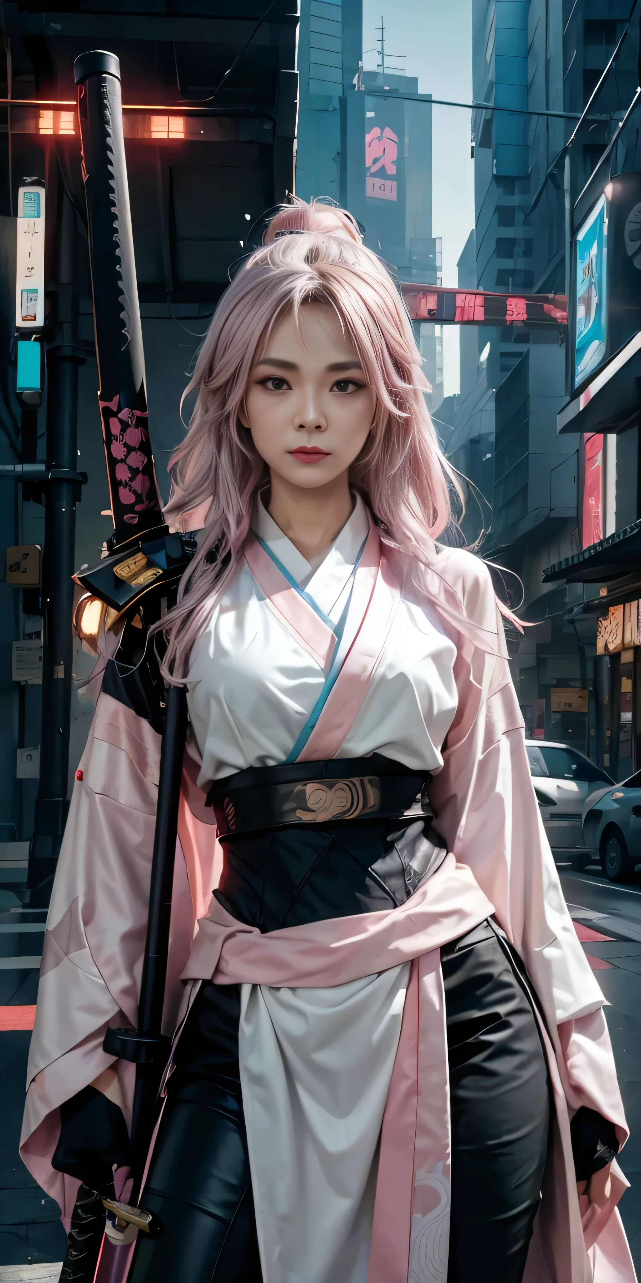 arafed woman in a pink kimono with a sword in a city, very beautiful cyberpunk samurai, anime girl cosplay, anime cosplay, anime style mixed with fujifilm, haruno sakura, anime inspired, anime girl in real life, anime style. 8k, cosplay, anime style 4 k, female cyberpunk anime girl, cyberpunk anime girl, wearing japanese techwear