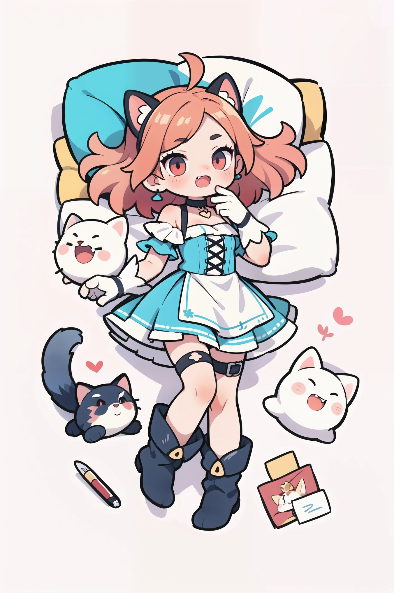 Fox girl,Cat girl,Skinny,breast reduction,lying among colorful flashes, among colorful, soft colours background, stroking own chin,reaching,arm at side,knees together feet apart,red hair,medium hair,ahoge,red eyes,White skin,evil seductive,smug, open mouth, cute anime fangs, cute anime girl fangs, cute, subtle blush, large dress,corset, large skirt,dirndl, suspender skirt,thigh strap,boots,tiara,earclip,choker,elbow gloves,fingerless gloves,gloves,Dress,Corset,View From Above,Overhead View,Red,White,Brown,Elegant,Eye Makeup, laying ,Cute, cute eyes, profile wallpaper, earclip, soft colors background, Efecto de colores alrededor, surrounded by colorful lights, pastel colors background, liying on colorful bed, colorful blankets, bed sheet background, looking at viewer