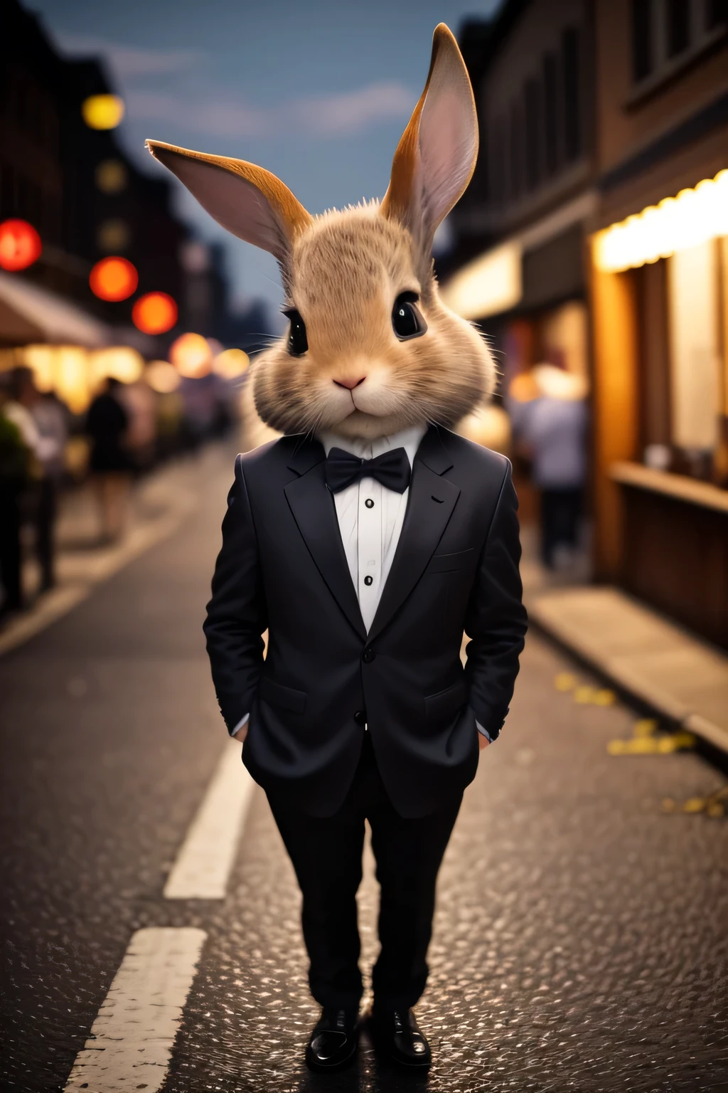 A photo of a rabbit in a neat suit, adorable face, cute expression, Perfect Anatomy, detailed rabbit's ears, focus on the peak of rabbit's ears, beautiful views, Detailed face. full body shot, night street