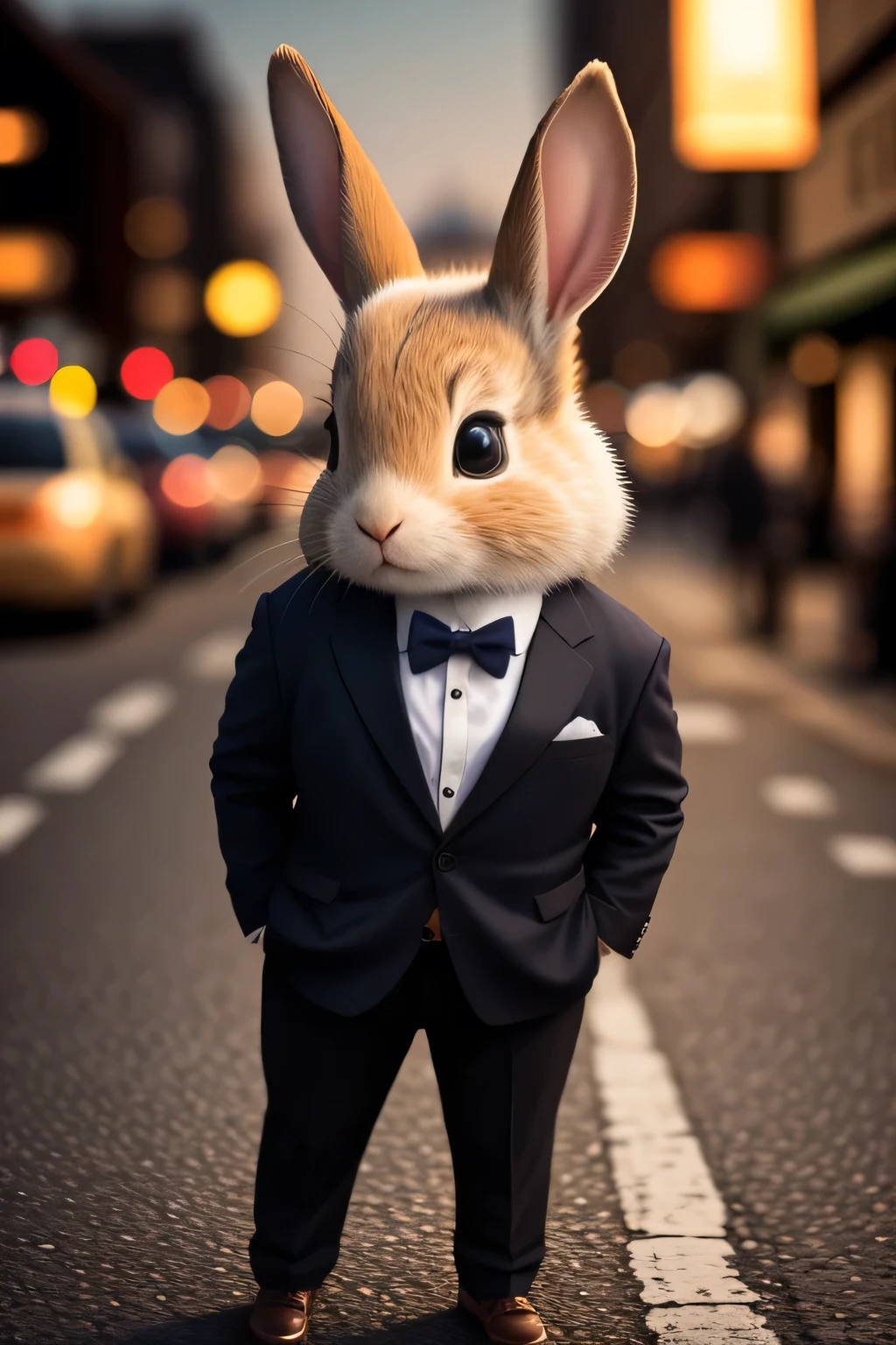 A photo of a rabbit in a neat suit, adorable face, cute expression, Perfect Anatomy, detailed rabbit's ears, focus on the peak of rabbit's ears, beautiful views, Detailed face. full body shot, night street